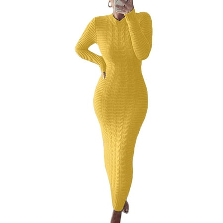 

LSFYSZD Women Long Sleeve Knitted Dress Crochet Pattern Solid Color Ribbed Round Collar Casual Long Club Party One-Piece