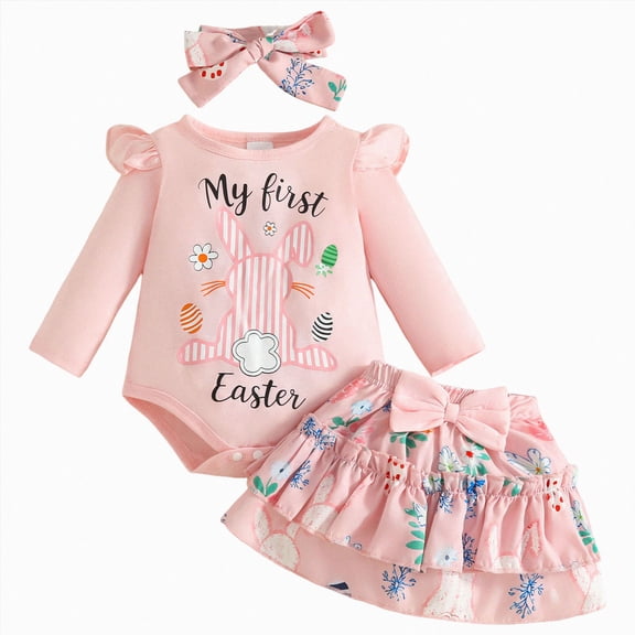 Xudanell My First Easter Baby Girl Outfits Newborn Long Sleeve Romper Rabbit Tutu Skirt Leg Warmer Headband Outfit Set (Red, 0-3 Months)