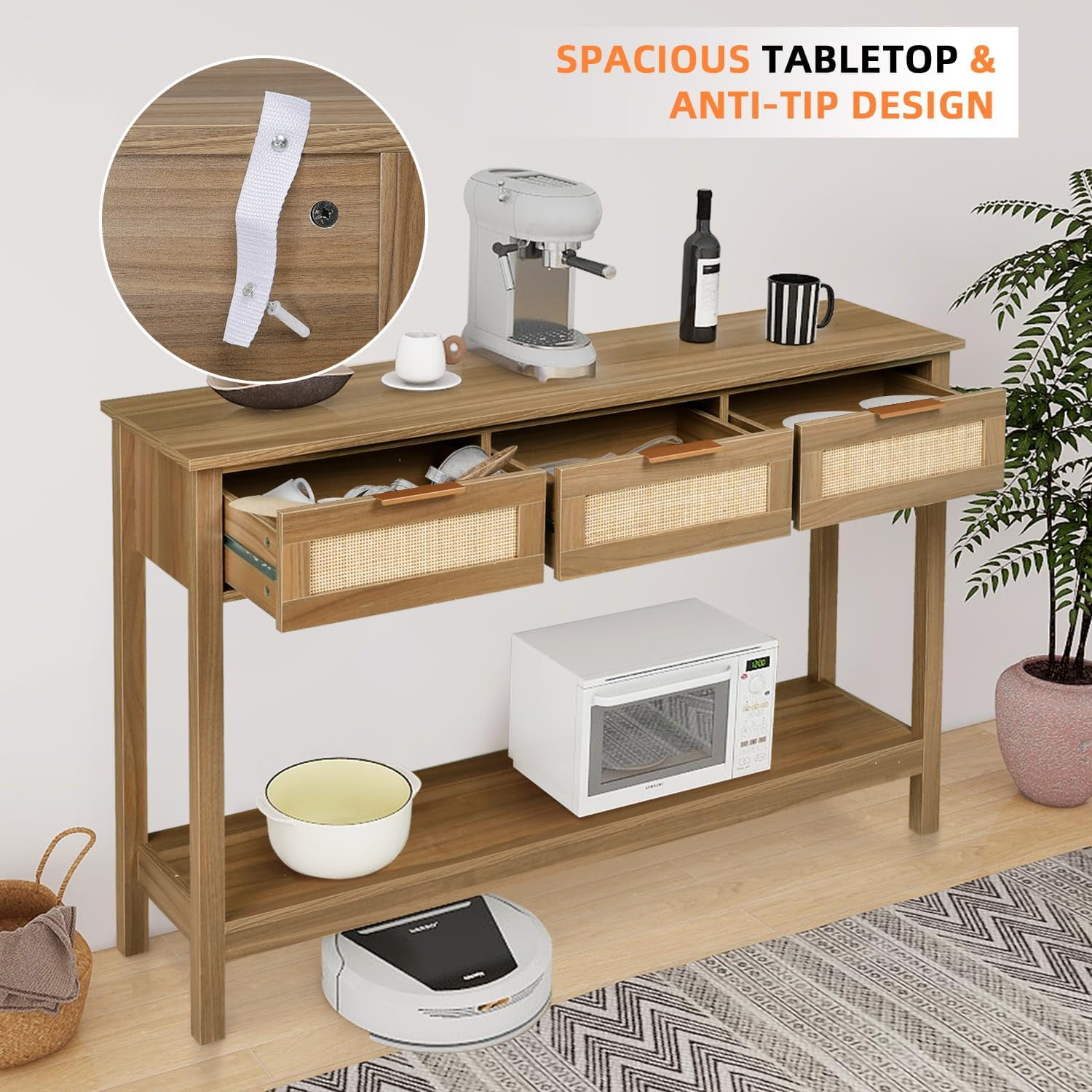 LAZZO 51” Boho Rattan Console Table, Narrow Entryway Table with 3 Drawers & Open Shelf, Brown