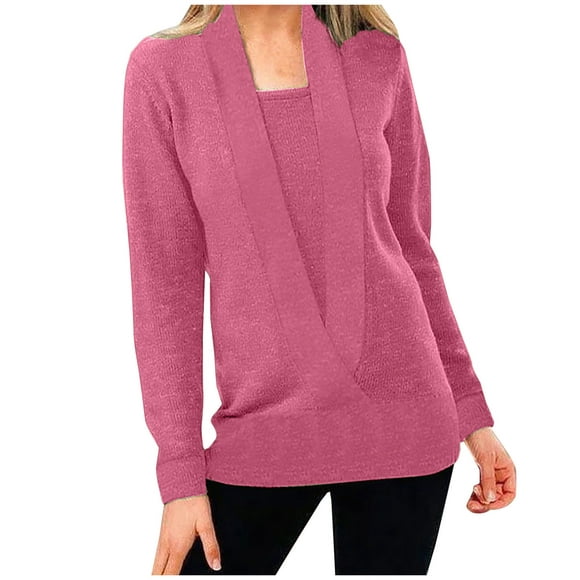 Lolmot Fashion Women Winter Solid Long Sleeve Pullove V-Neck Casual Sweater Tops