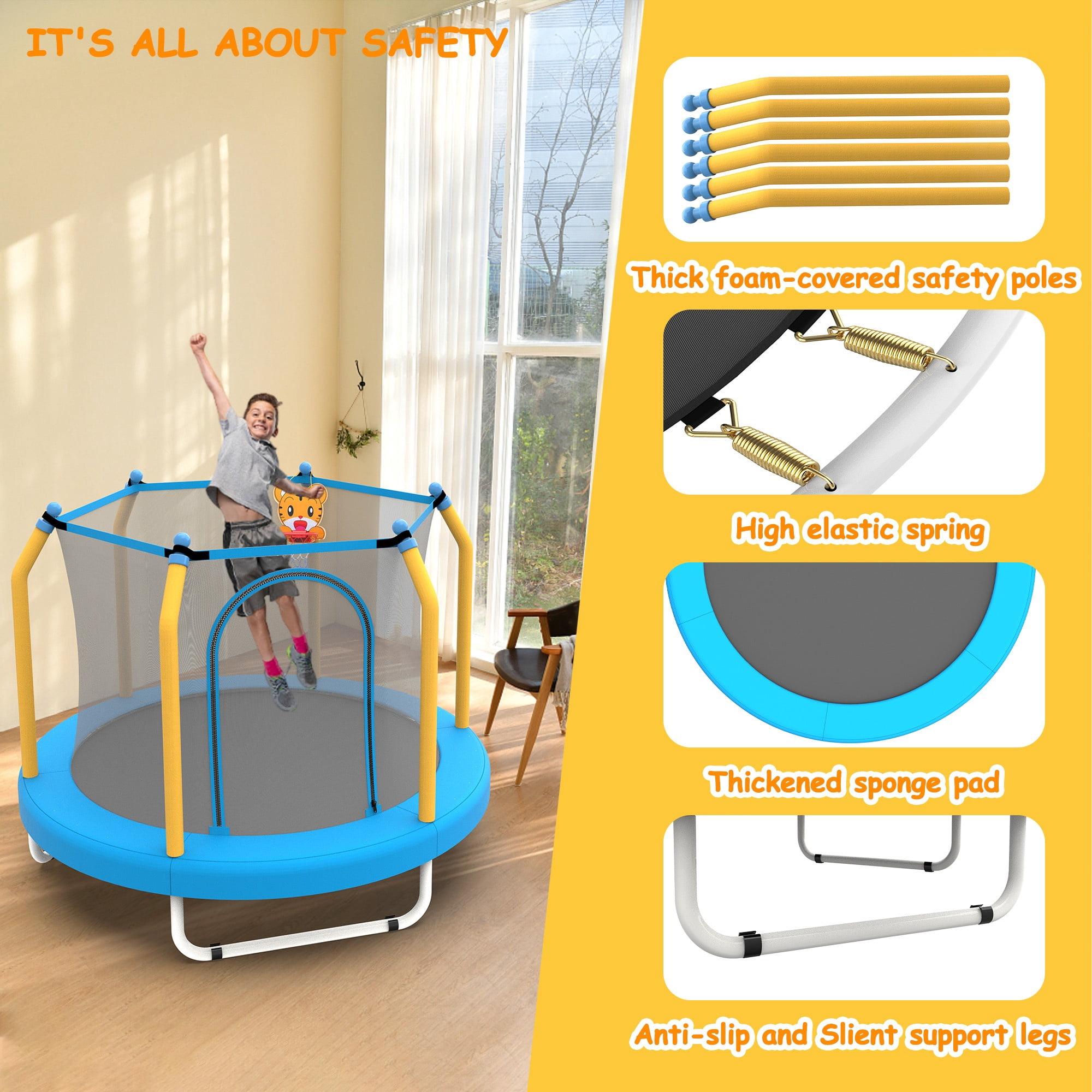 BTMWAY 55" Toddler Trampoline with Safety Enclosure Net, Trampoline Indoor & Outdoor, Mini Trampoline for kids 1-8 with Basketball Hoop, Ball and Thick Foam Protection, Birthday Gifts for Boy & Girl