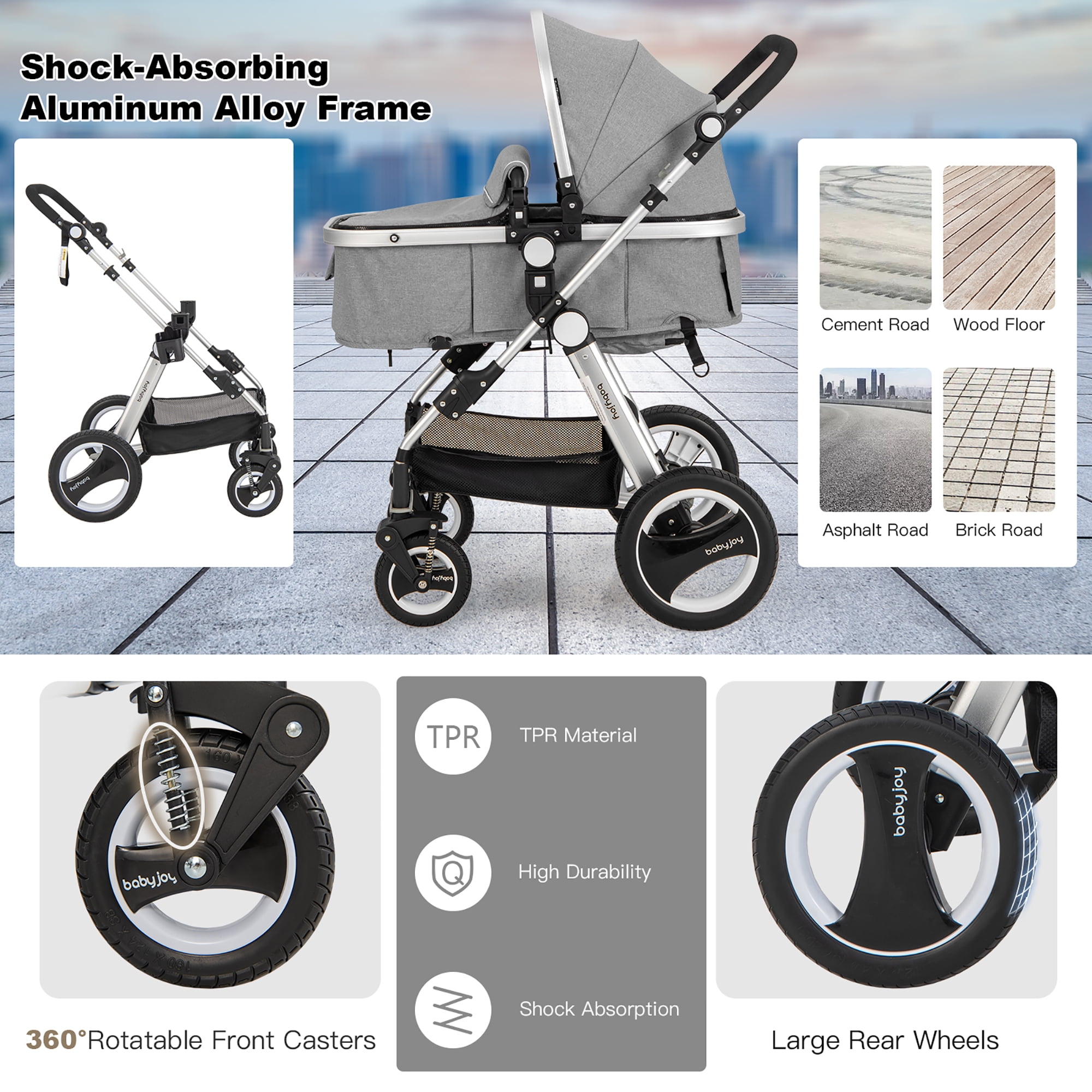 Costway Folding Aluminum Infant Baby Stroller Kids Carriage Pushchair W/ Diaper Bag Gray