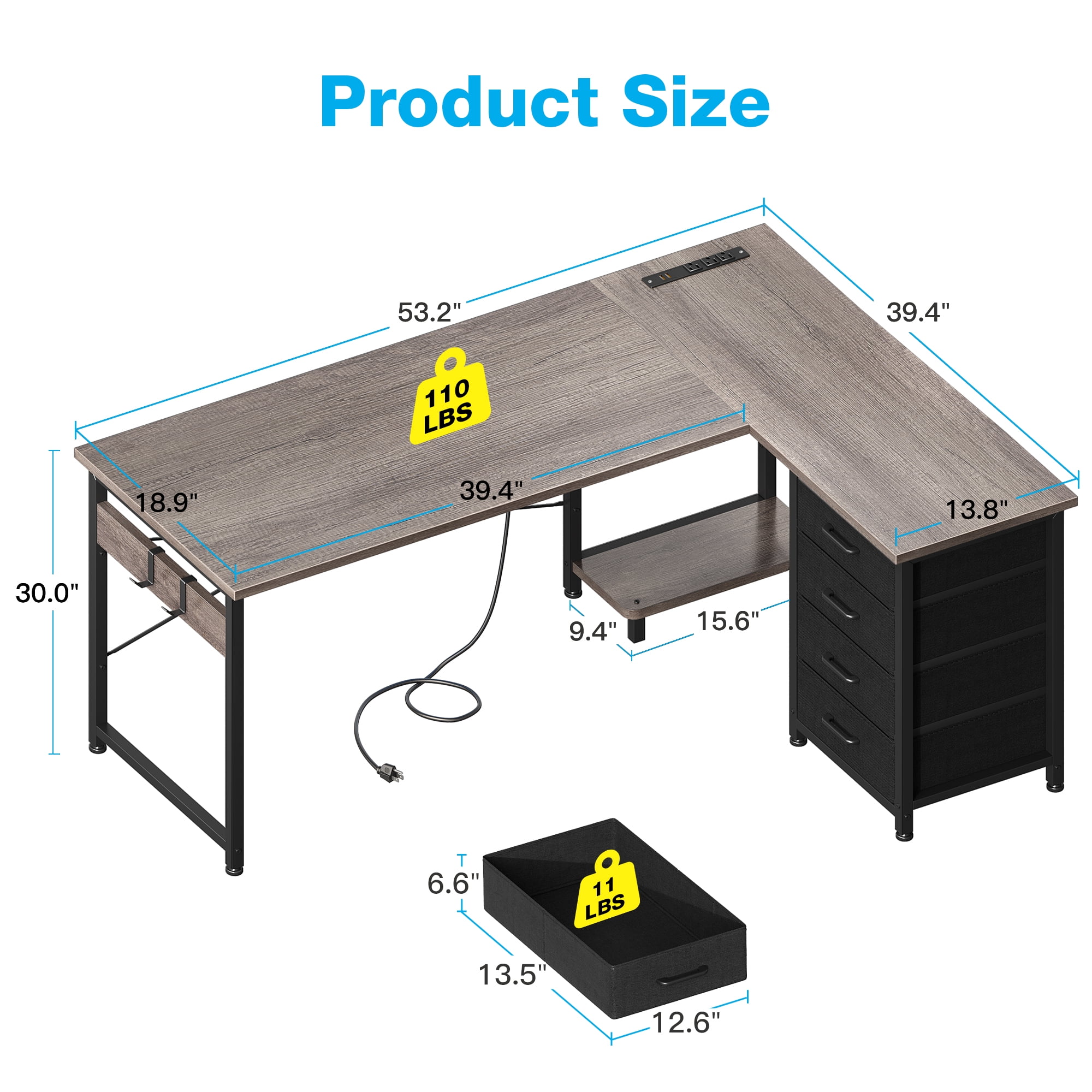 Casacomoda L Shaped Computer Desk with Charging Station, 53 inch PC Table Study Desk 4 Tier Drawers, Modern Simple Style Laptop Desk for Bedroom, Grey Oak