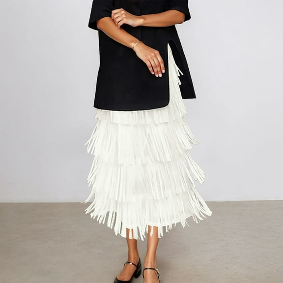 Women Waterfall Tiered Boho Layered Maxi Skirt (White One Size)