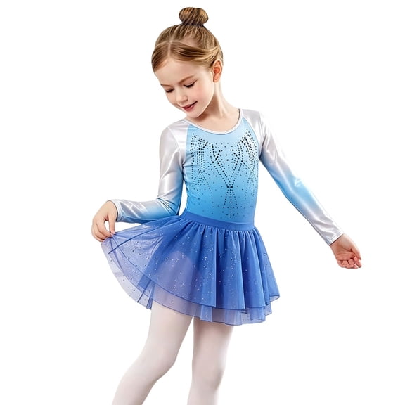 Ruyang Kids Gymnastics Dance Leotard Sets Girls Long Sleeve Gradient Ballet One‑Piece Shiny Performance Tulle Skirt 5-12 Years