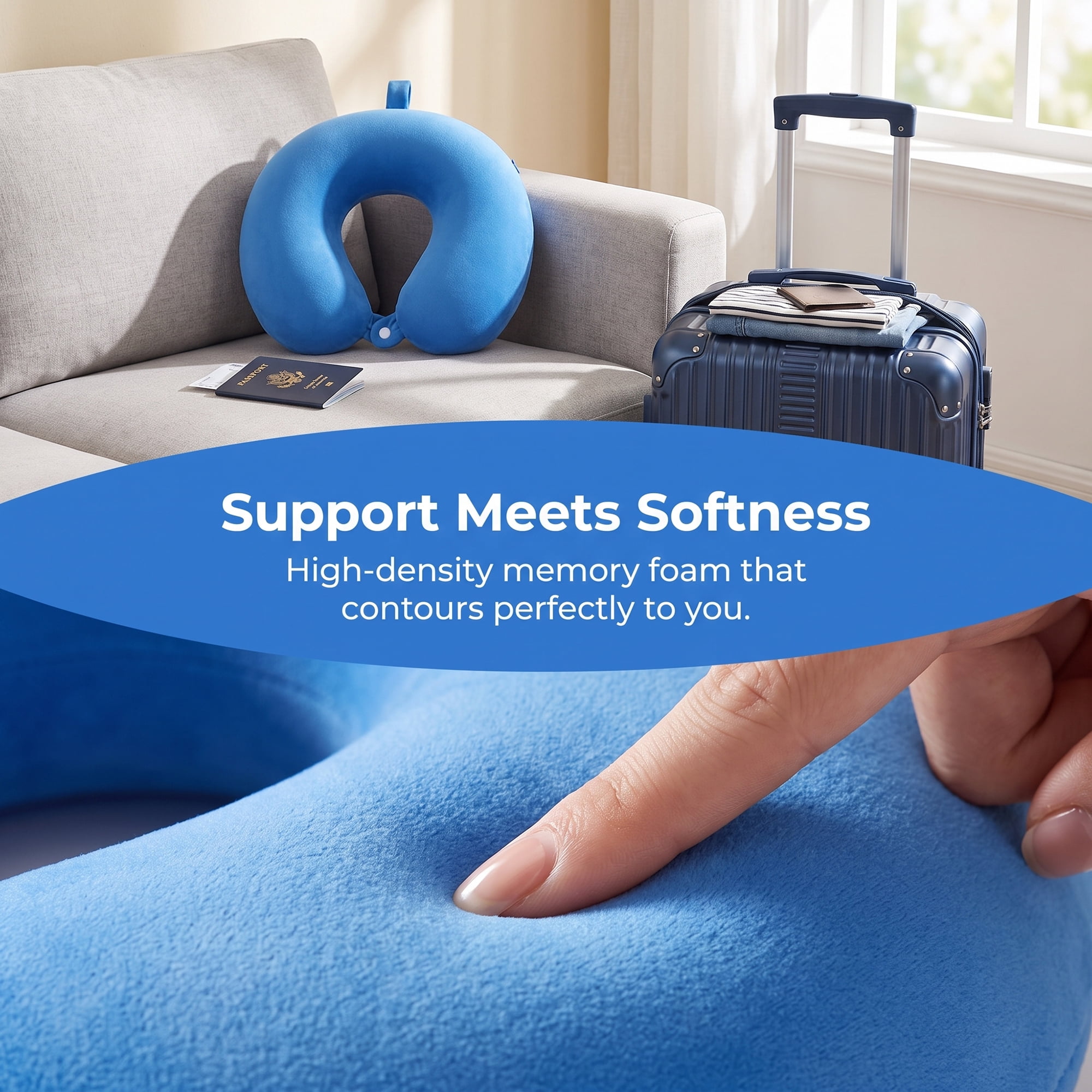 Unique Bargains Memory Foam Travel U Shape Neck Pillow Snap Closure Sky blue 12"x12"x4"