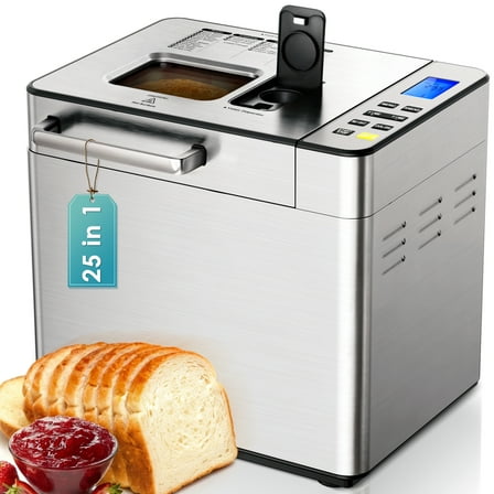 Simzlife 25-in-1 Bread Maker, 2LB Dough & Bread Maker Machine with Auto Fruit and Nut Dispenser,Stainless Steel