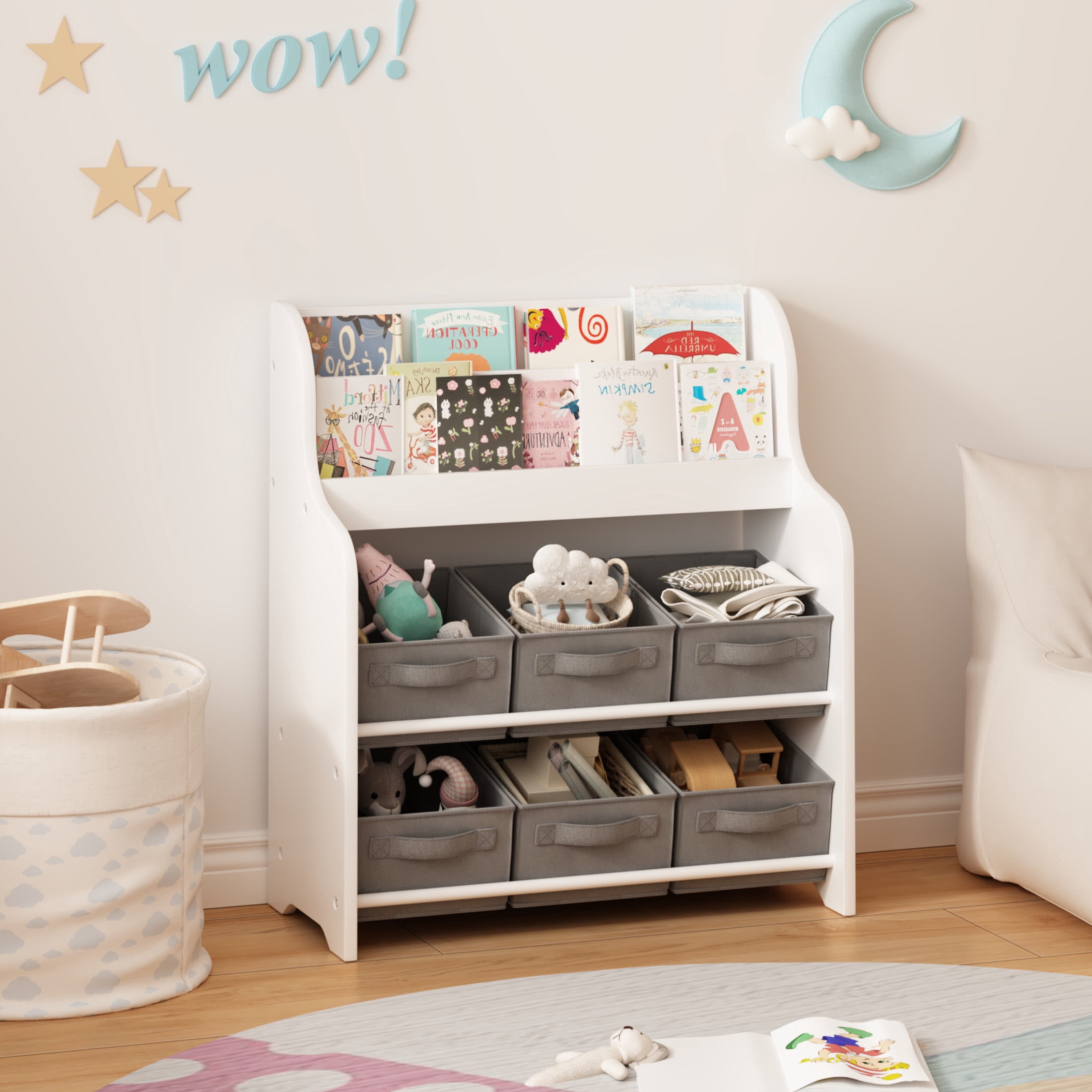Noble House Kids Bookshelf with Fabric Bins, Front-Facing Book and Toy Organizer for Nursery or Playroom, White & Gray