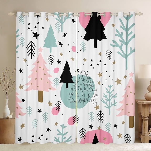 Homewish Cartoon Xmas Tree Black Out Curtains for Boys, Magic Christmas Stars Curtains Pack of 2 (42x63 Each), Rustic Plant Botanical Bedroom Curtains, Window Curtains Home Decor