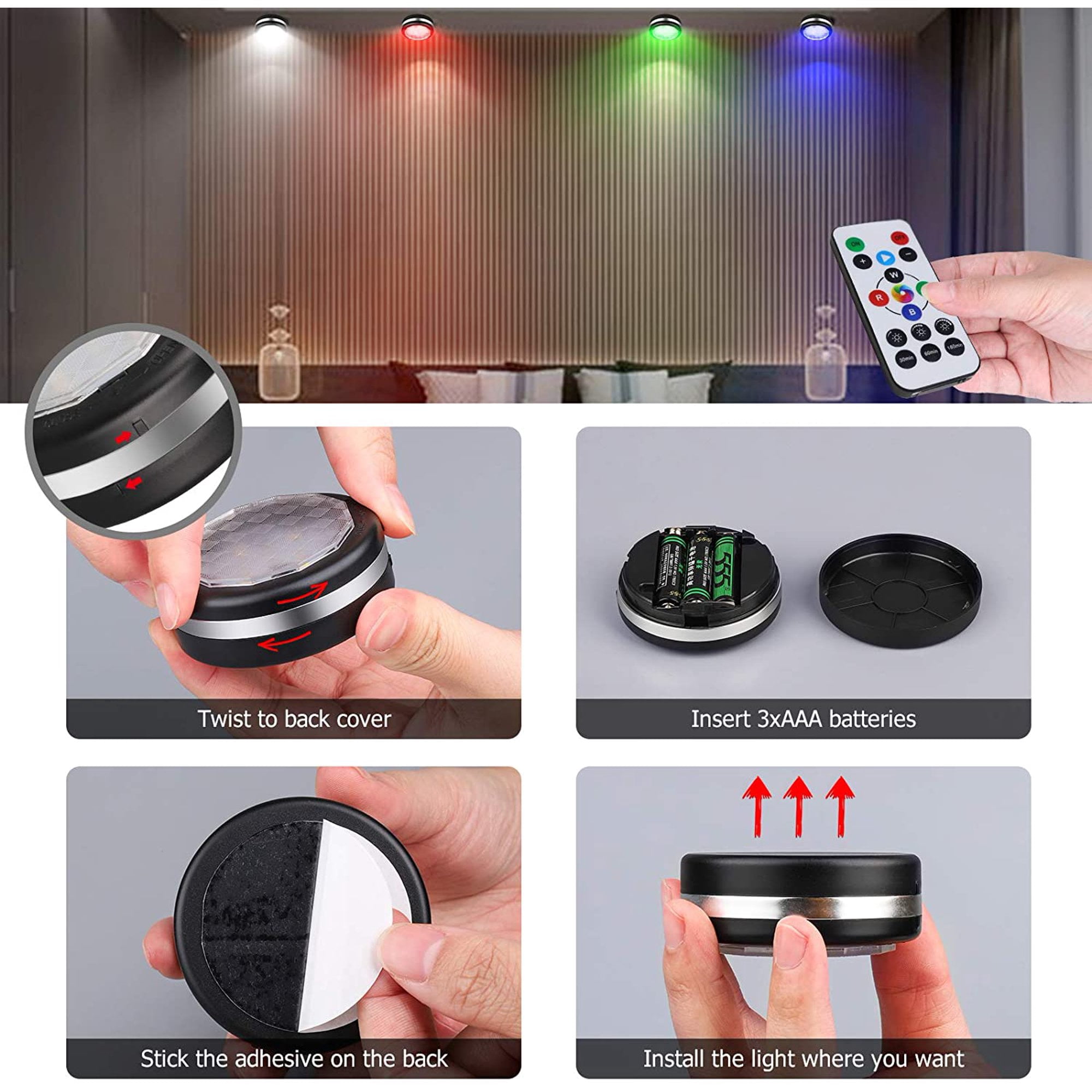 SHELLTON LED Puck Lights Battery Operated Under Cabinet Lighting, 16 Color Changing Puck Lights with Remote Control & Timing, Dimmable LED Closet Lights for Kitchen Cabinet and Closet (6 Packs)