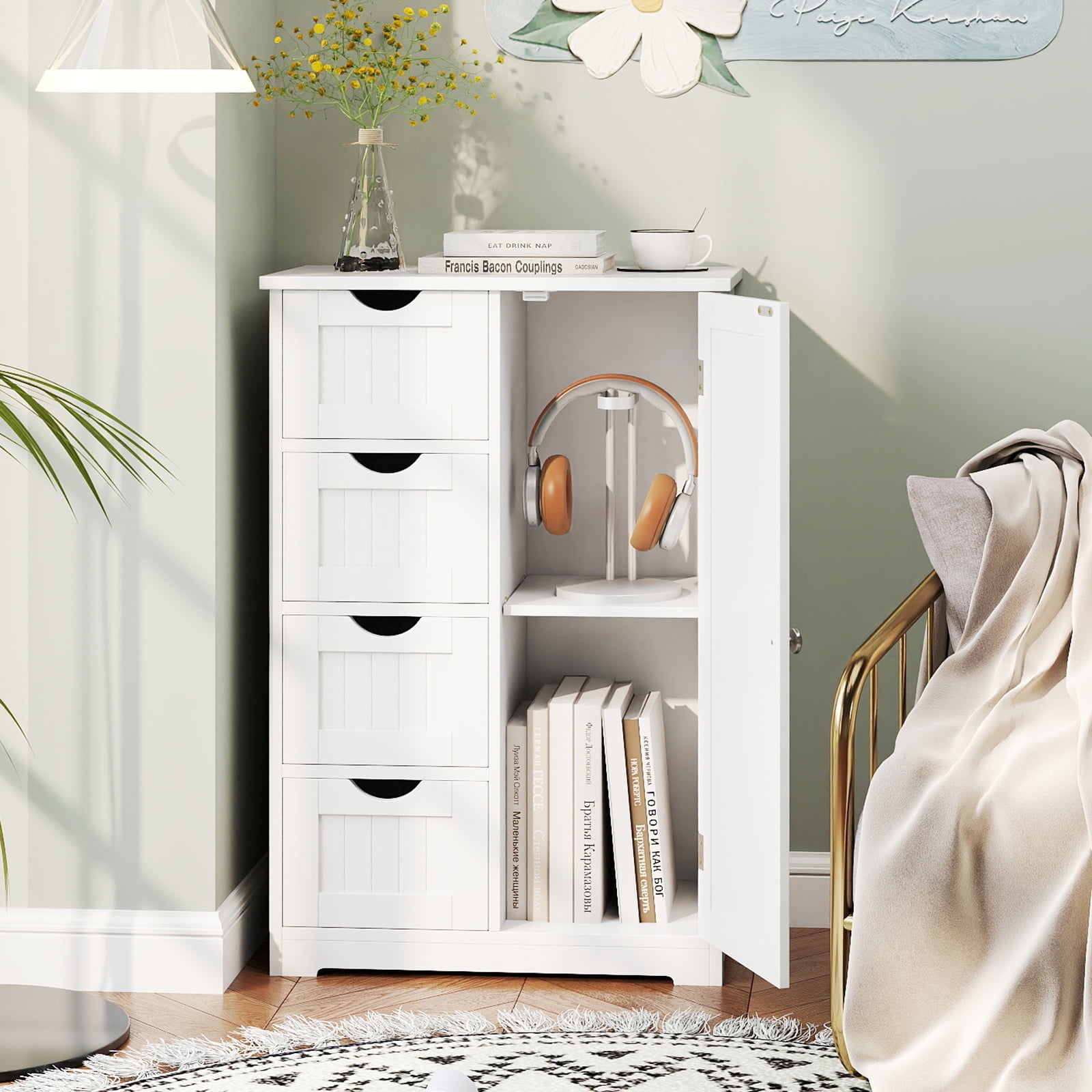 Gymax Bathroom Floor Storage Cabinet Wooden Freestanding Bathroom Storage Unit w/ 1 Door & 4 Drawers