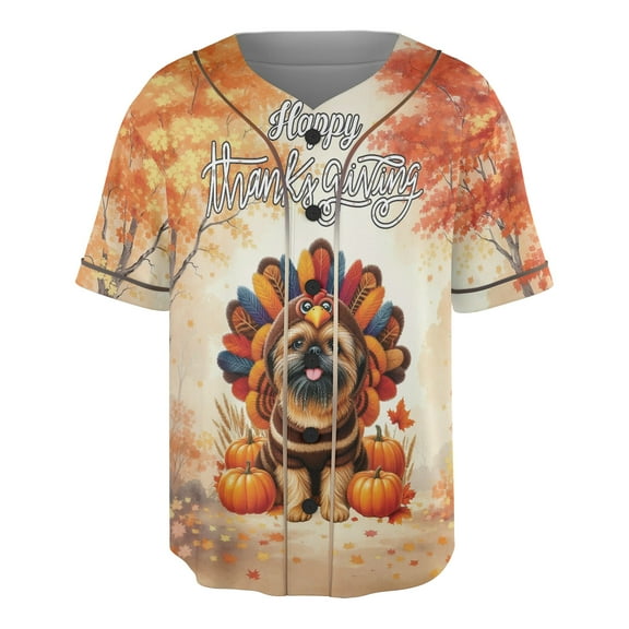 Happy Thanksgiving Brussels Griffon Turkey Costume Pumpkins Autumn Leaves All Over Print 3D Baseball Shirt Griff Dog Lover Softball Sport - 13014