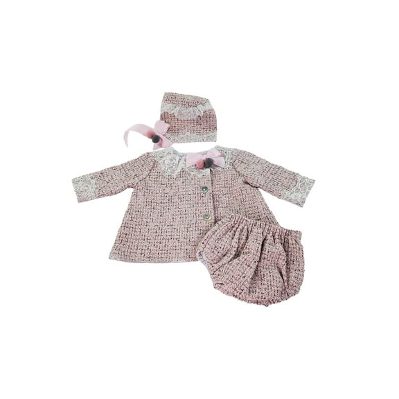 Toddler, Girl Pink Long Sleeve A Line Tweed Wool Dress, Bloomers & Bonnet Set