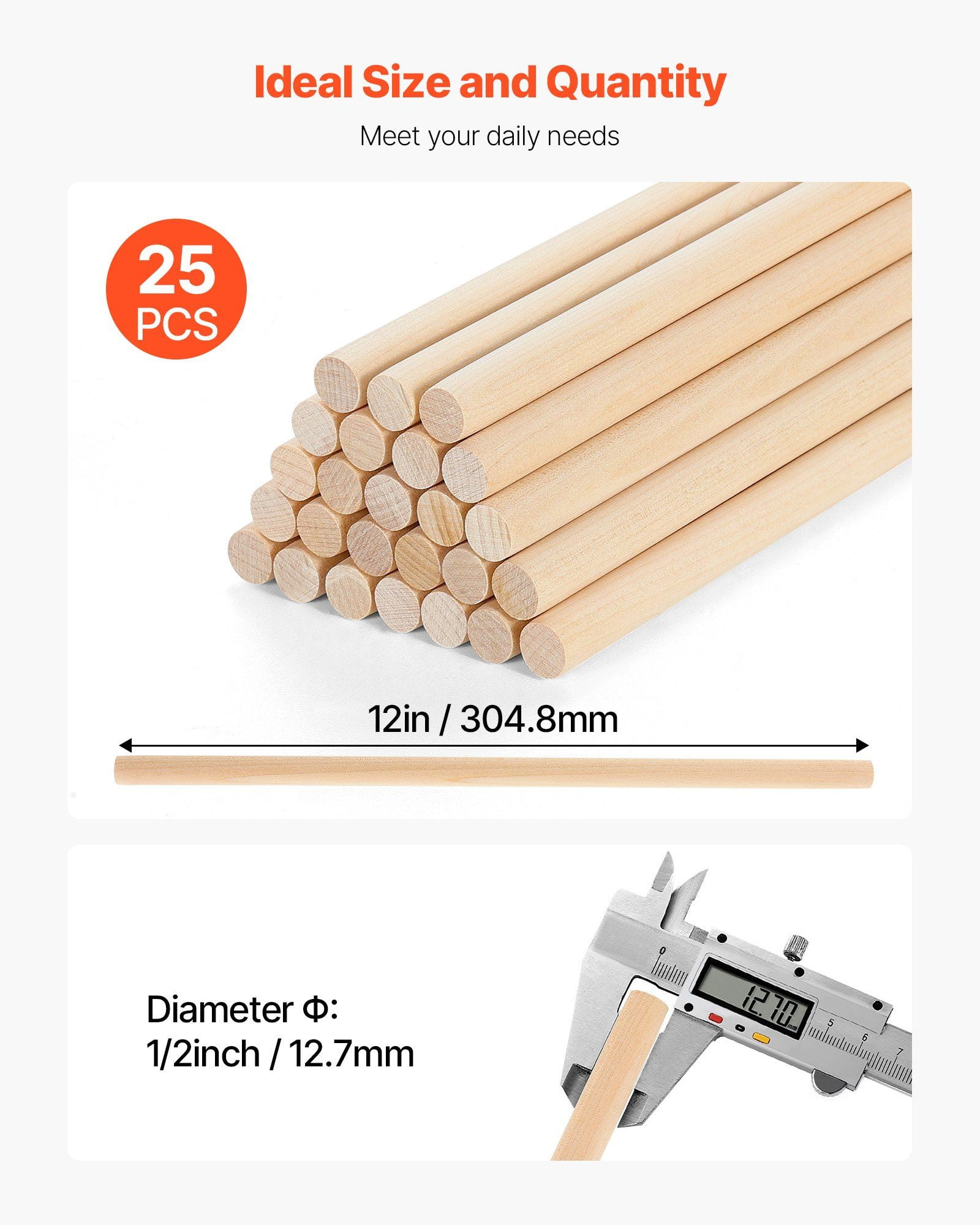 25Pcs Wooden Dowel Rods 1/2 x 12 Inch Natural Wood Sticks for Craft DIY