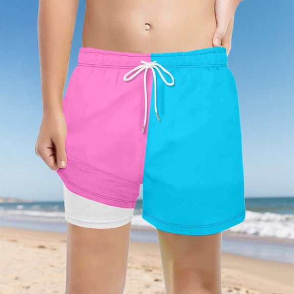 Rggeeun Boys Child Swimsuit Set Color Block Design Double Layer Elastic High Waist with Adjustable Tie Swim Trunks Knee Length for Summer Beach Lounging Graceful Beachwear,Pink,9-10 Years