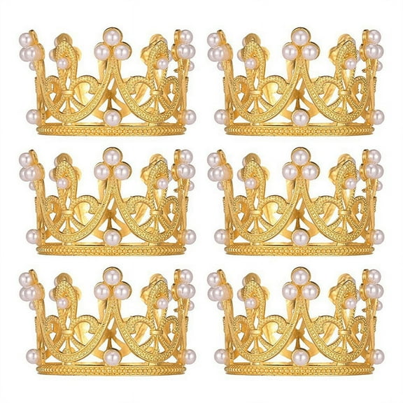 6Pcs Gold Mini Crown Cake Topper Small Crystal Pearl Cupcake Toppers Cupcakes for Wedding Birthday
