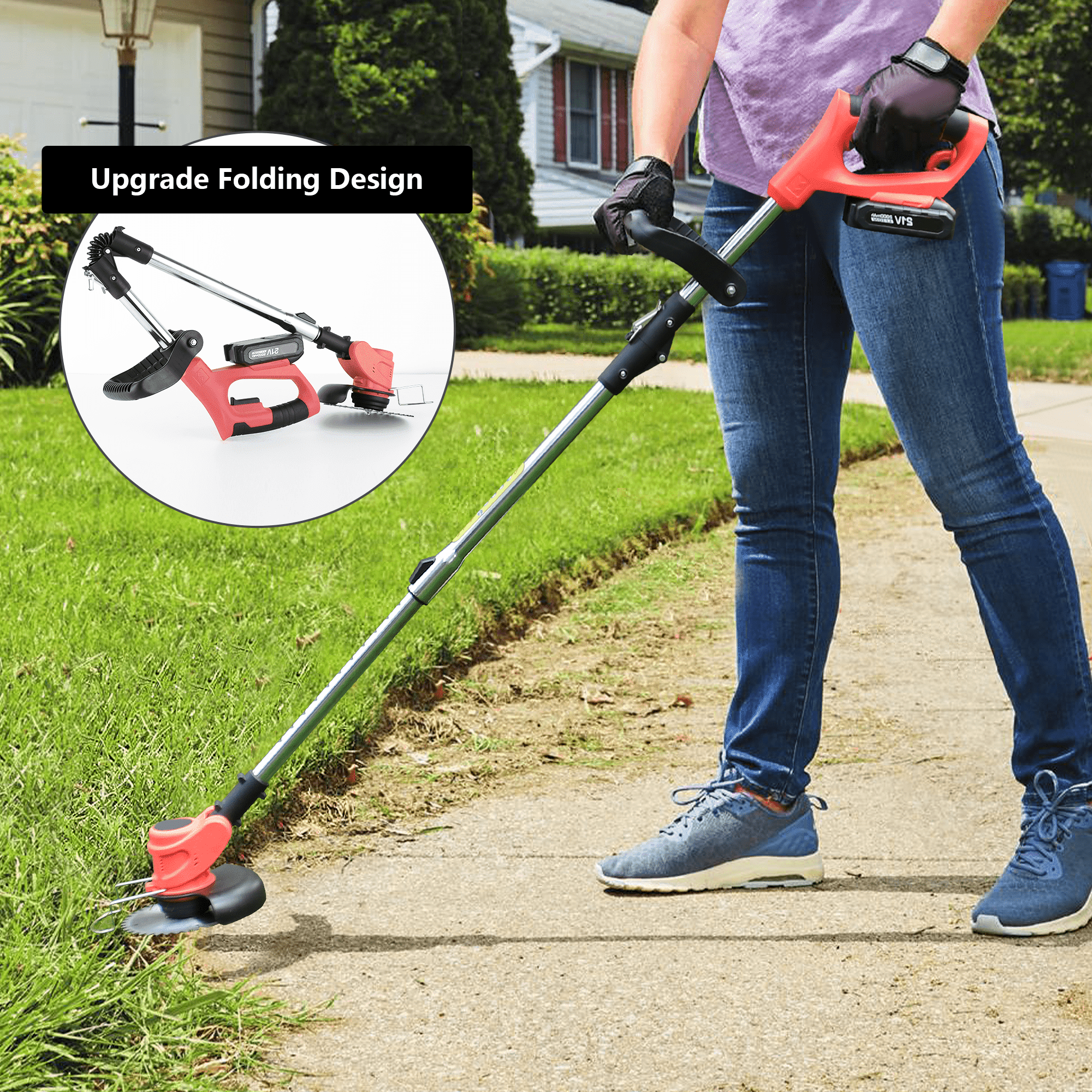  Cordless Trimmer Weed MowerTrimmer,Lightweight 3-IN-1 with  Edger Tool,Mower for Garden and Yard,3 Kinds of Blades,Liiion Battery ,21V  2Ah ,Red : Patio, Lawn & Garden