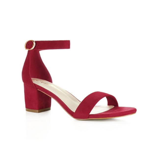 BLISSFUL STEP Women's Shoes Open Toe Mid Block Heel Ankle Strap Faux Suede Sandals Deep Red 5