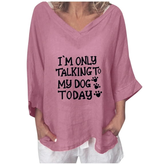 USSUMA Linen Tops For Women I'M Only Talking To My Dog Today Funny Letter Prints Dressy Tops V Neck 3/4 Sleeve Linen Shirts