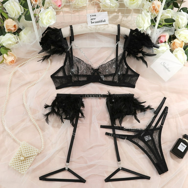 YDKZYMD Women'S Sexy Lingerie Bra And Panty Set 3 Pieces Lace Teddy Chemise  With Garter Belt Bodysuit Sheer Underwear Babydoll Sets