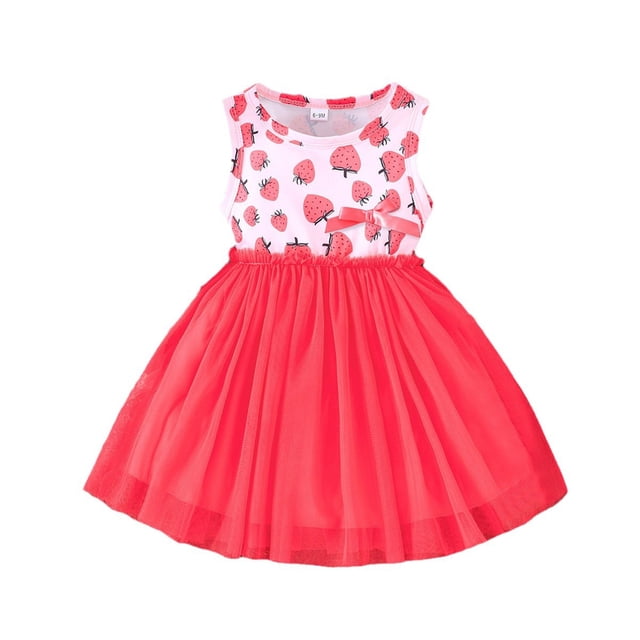 Toimothcn Robe Bébé Fille Sans Manches Mignonne Douce Imprimée Fraise en Tulle Doux Respirant Ample Été Princesse Tenue Quotidienne