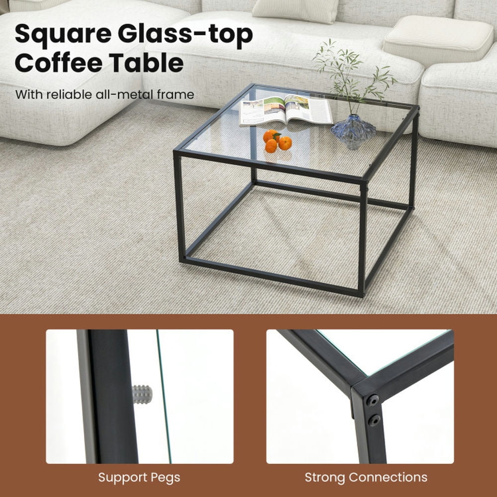 Finihen Coffee Table, Tempered Glass Coffee Table, 27.5 Inch Home Square Tea Table with Heavy-duty Metal Frame, for Living Room, Reception Room, Black Finihen Coffee Table, Tempered Glass Coffee Table, 27.5 Inch Home Square Tea Table with Heavy-duty Metal Frame, for Living Room, Reception Room, Black