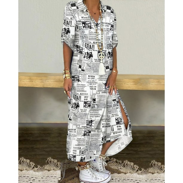 Women s Geometric Print Shirt Dress Long Dress Walmart