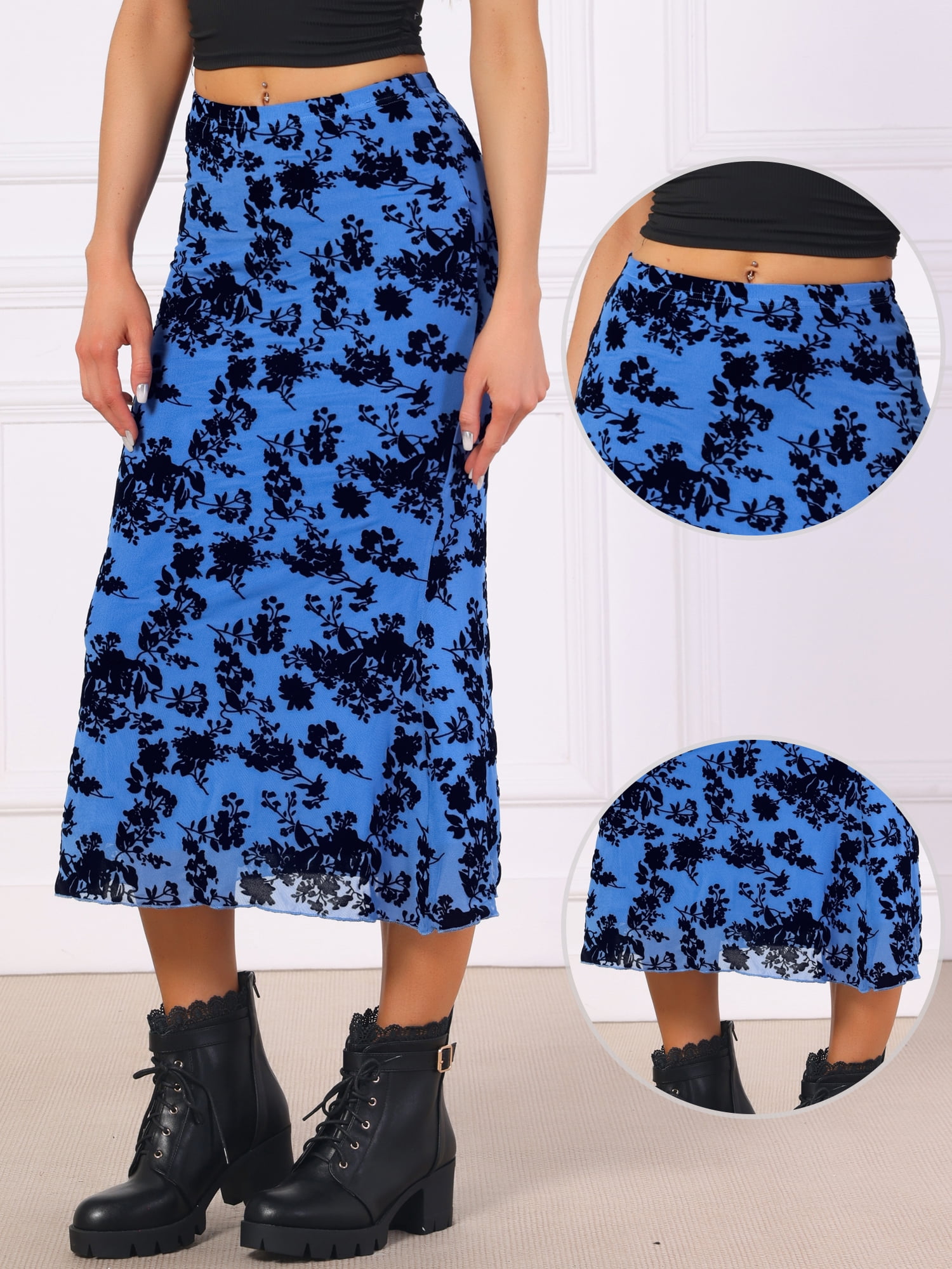 DARING DIVA Women's High Waist Bodycon Mesh Fishtail Midi Skirts Large Blue