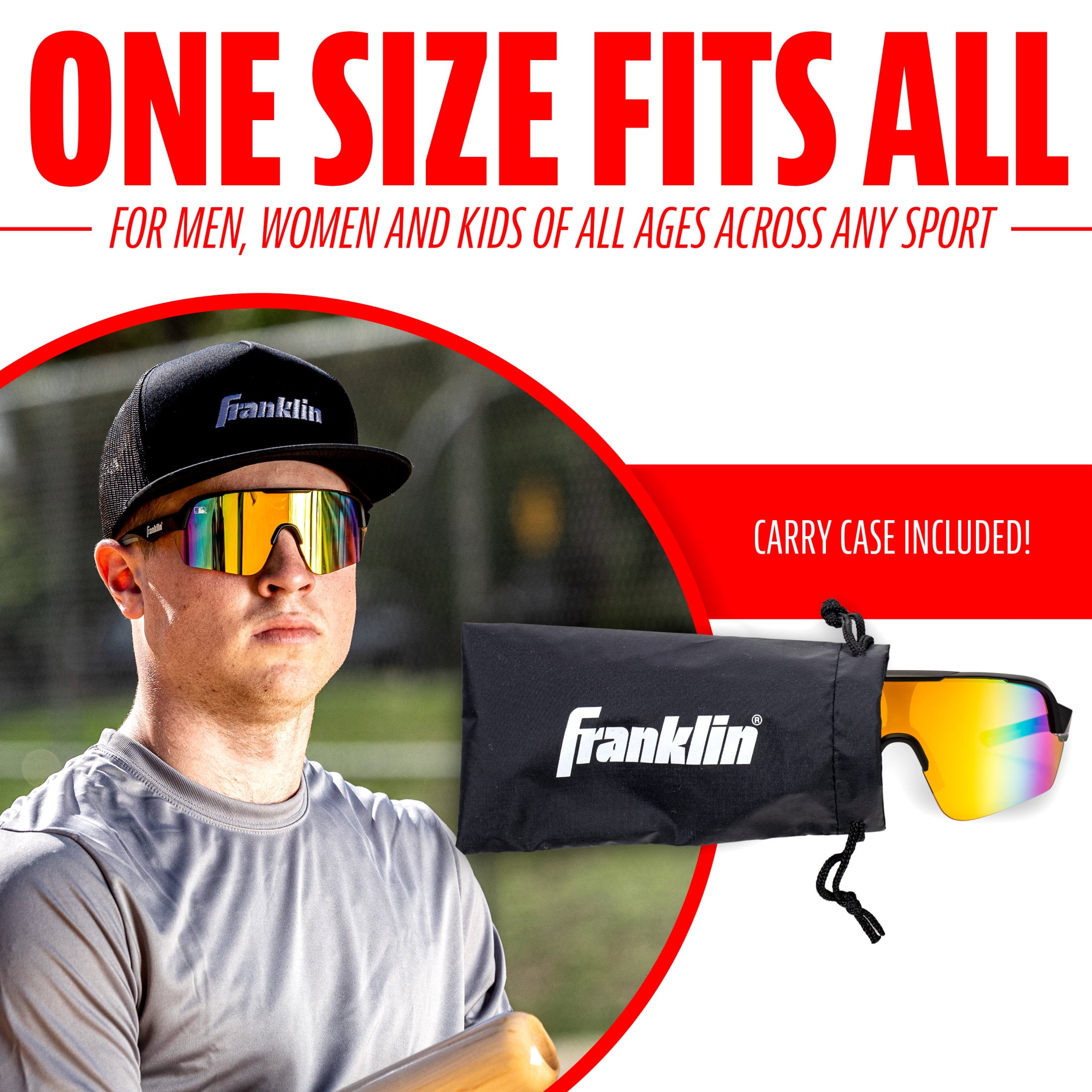 Franklin Sports MLB Baseball Pro Sunglasses - Baseball + Softball Sunglasses for Kids + Adults - Lightweight Sports Sunglasses for UV Protection - All Sport Sunglasses with Carry Case - Black
