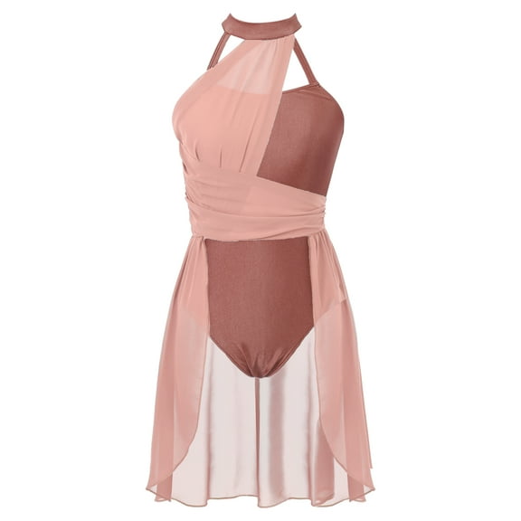 TSSOE Women Adults Sleeveless Mesh Lyrical Leotard Dance Dress Modern Contemporary Cross Back Halter Apricot M