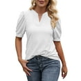 thumbnail image 2 of Beecarchil Women's Eyelet Puff Sleeve Tops V Neck Casual Loose Fit T Shirts White L, 2 of 4