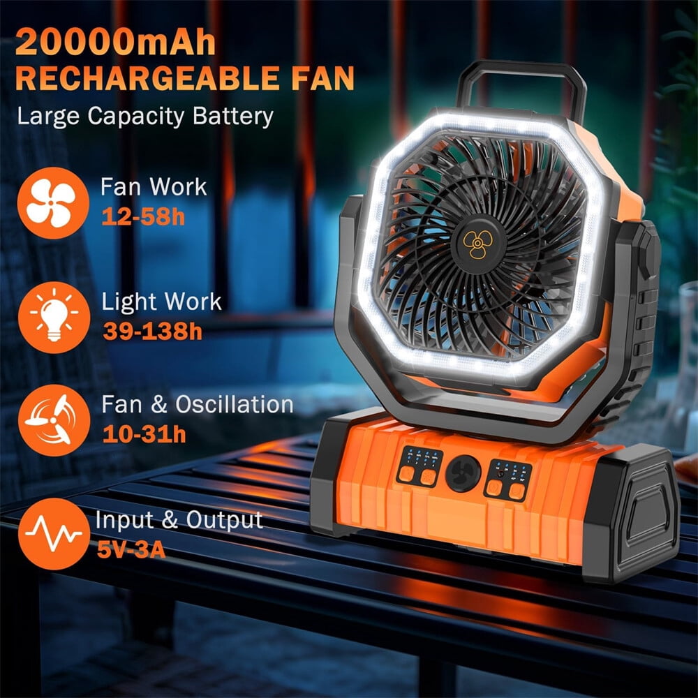 20000mAh Camping Fan w/ LED Lantern - Rechargeable Fan, Auto-Oscillating, Remote