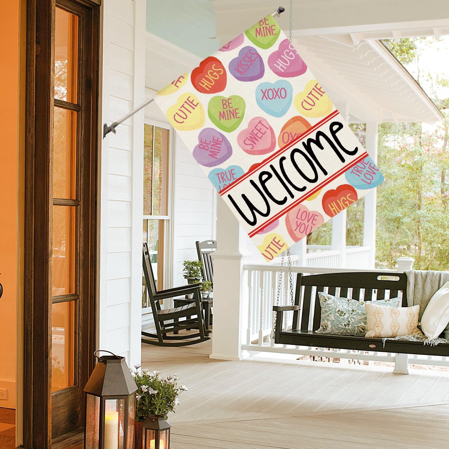 Lanola Valentines Day House Flag 28x40 Inch Double Sided Outside, Welcome Candy Love Hearts Anniversary Yard Outdoor Flag