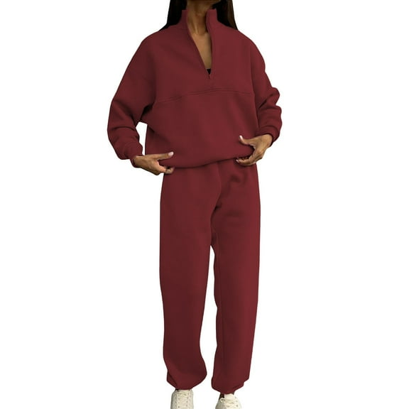 Women's Casual 2-Piece Tracksuit Set with Half-Zip Sweatshirt & Joggers, Lapel Neck Long Sleeve Outfit