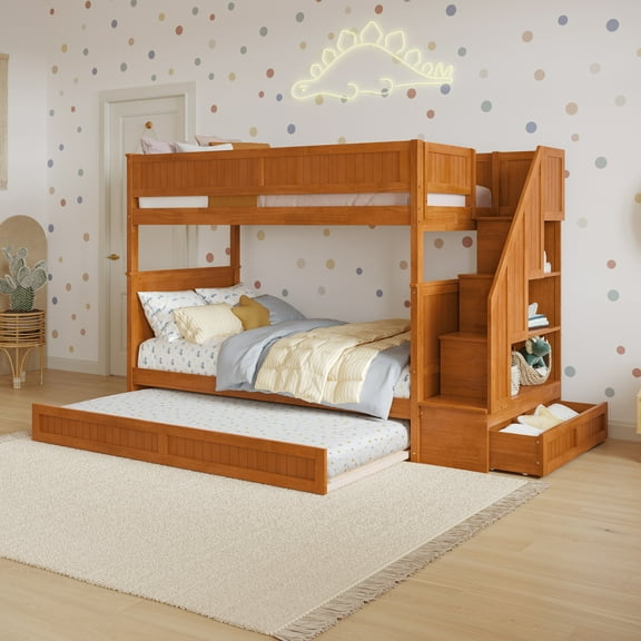 Dover Twin over Twin Wood Staircase Bunk Bed w/ Drawer & Trundle in Light Toffee