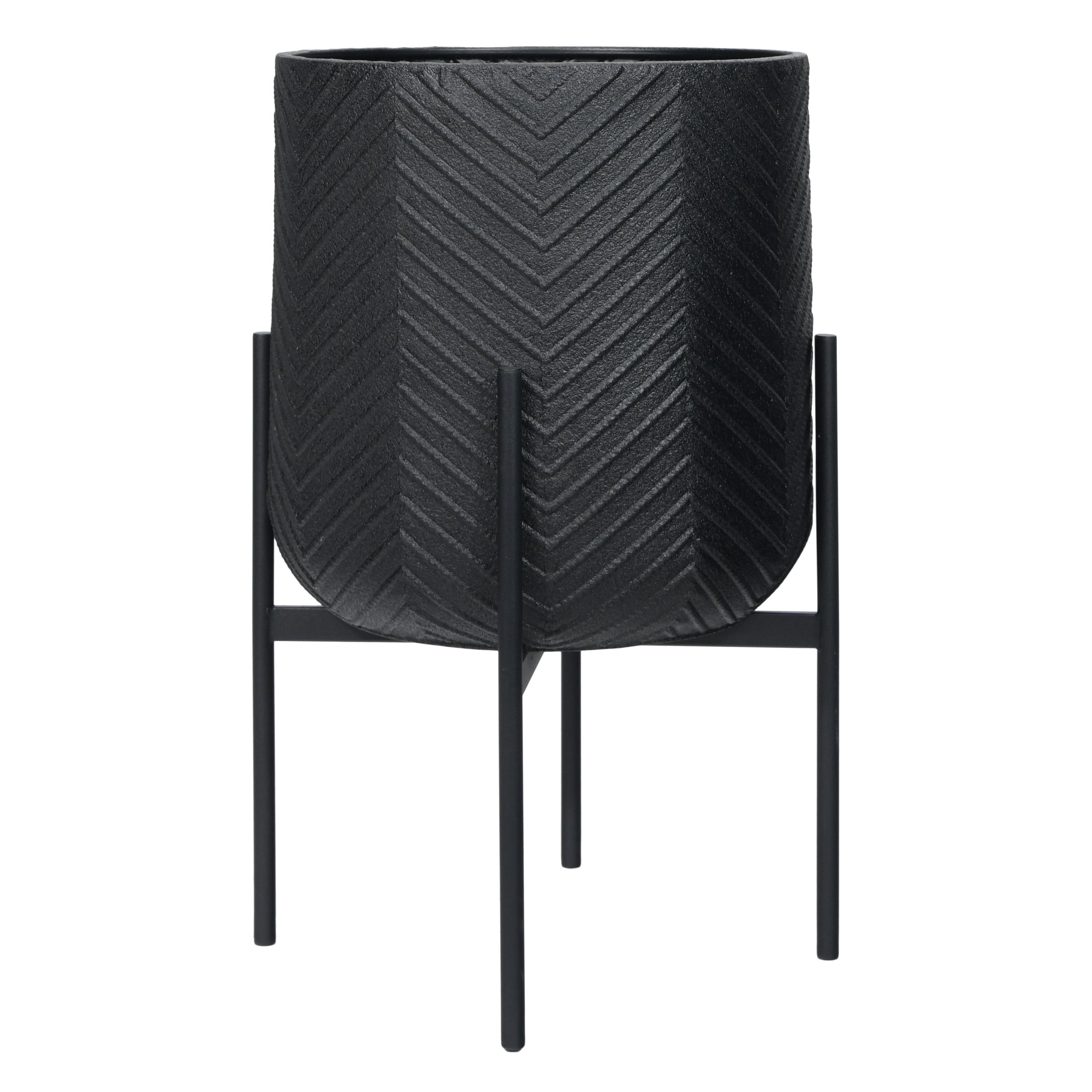 Bloomingville Round Metal Planter with Chevron Pattern on Stand, Black