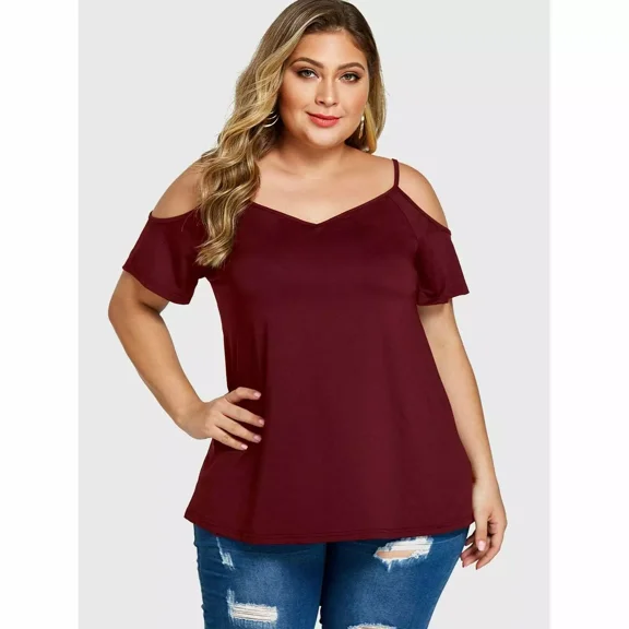 Women's Plus Size XXL V-Neck Shirts Short Sleeve Cold Shoulder Tunics Tops