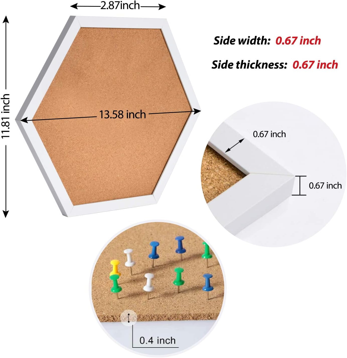 Cork Bulletin Board Hexagon 4 Pack, Small Framed Corkboard Tiles for Wall, Thick Decorative Display Boards for Home Office Decor, School Message Board with 16 Push Pin Wood Clips