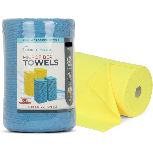 Serviettes en Microfibre Simpli-Magic Chiffon de Nettoyage en Microfibre Rouleau de Valeur 200 Unités, Serviettes en Microfibre Déchirables, 12 Pouces x 12 Pouces, Chiffons Réutilisables Lavables (Bleu/jaune)