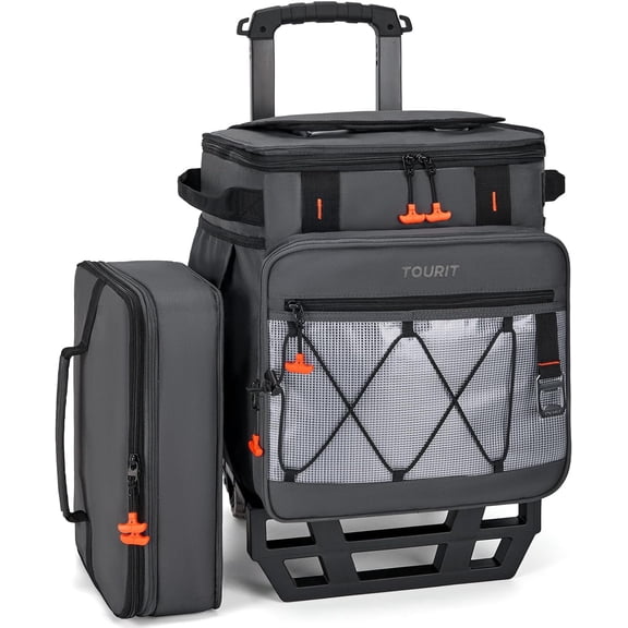 Collapsible Wheeled Cooler with Dual Compartments, Insulated Soft Sided Rolling Cooler, Waterproof, 75 Can 44 L, Dark Gray
