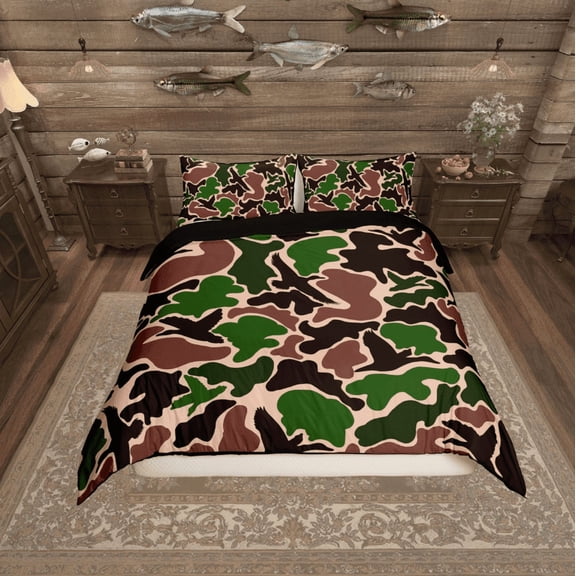 Erosebridal Brown Military Green Camo Comforter Cover Twin, Aesthetic Camouflage Bedding Twin Size, Reversible 2pcs (No Comforter)