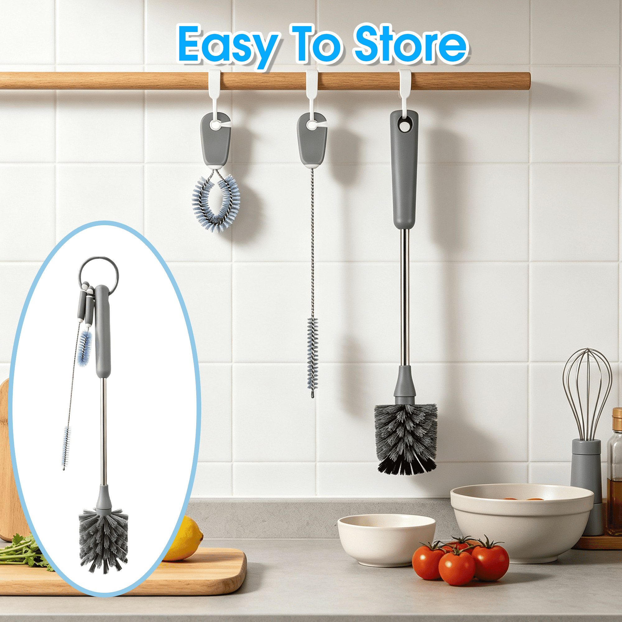 Bottle Brush Set, 3-in-1 Long Handle Bottle Cleaning Brush Set, Straw Cleaner Brush, Tumbler Brush, Cup Cleaning Brush for Water Bottles, Tumblers and Straws