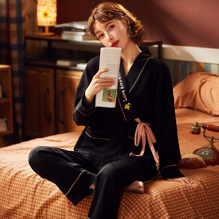 

CoCopeaunt Long Sleeve Pajamas Womens Autumn And Winter Thin Pure Cotton Stripe Suit Japanese Kimono Spring and Autumn Household