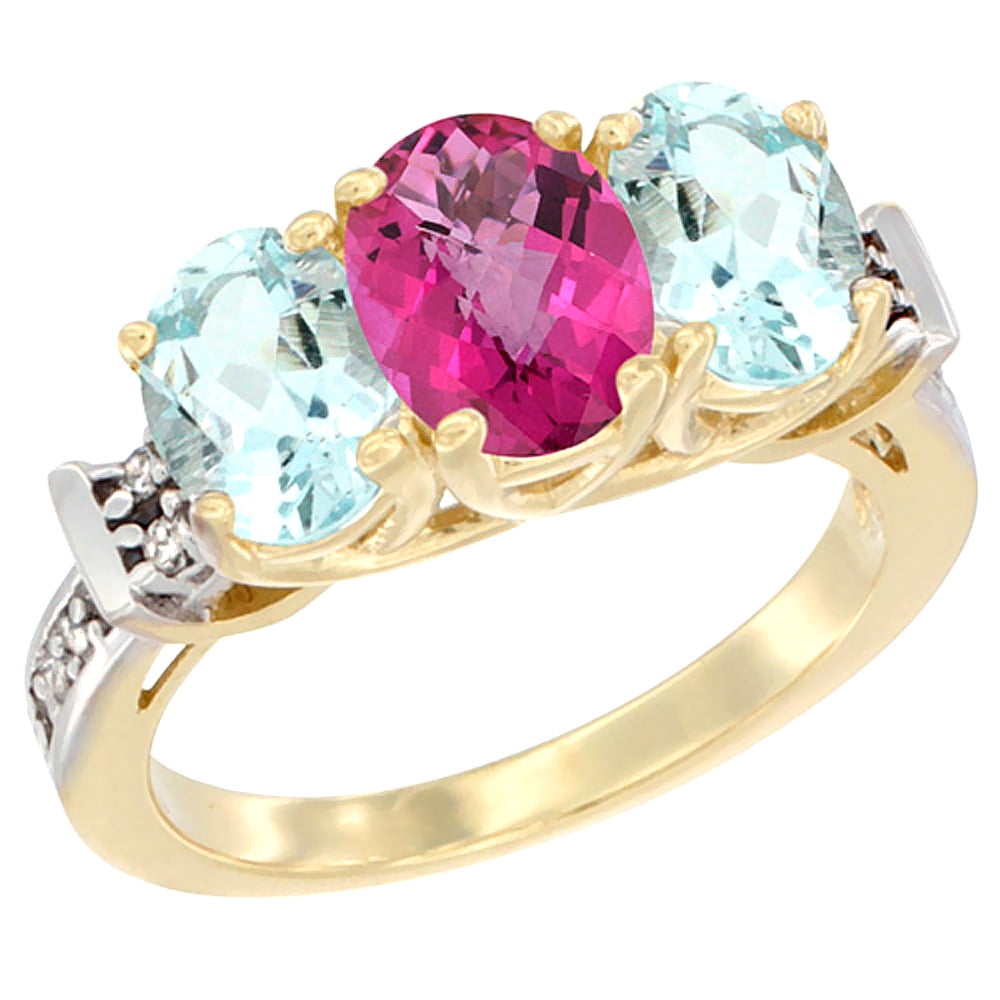 14K Yellow Gold Natural Pink Topaz & Aquamarine Sides Ring 3-Stone Oval Diamond Accent, sizes 5 10 by WorldJewels