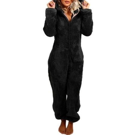 

IMSHIE Fleece Hooded Pajamas Women Super Warm Plush Fleece Bear Ear Shape Hooded One-Piece Pajamas for Winter Autumn Sleepwear Homewear Pajamas Party Simple Solid Color S-XXL Size qualified