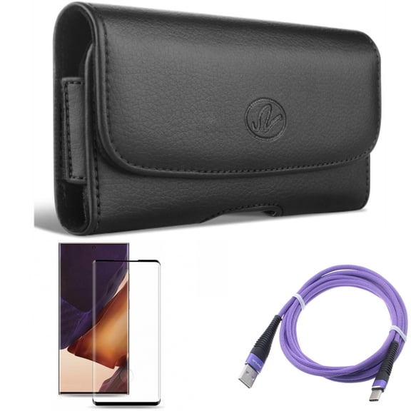 Screen Protector & 6ft USB Cable & Case Belt Clip for Samsung Galaxy Note 20 Ultra (6.9") - Combo with Tempered Glass (Fingerprint Unlock) & Purple Type-C & Leather Swivel