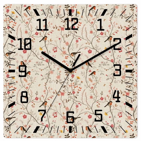 Flowers Birds Wooden Wall Clock Silent Non Ticking, Country Retro Botanical Floral Branches Square Wall Clocks Battery Operated, Decor Clock for Home Office, Living Room, Kitchen, 12 Inch