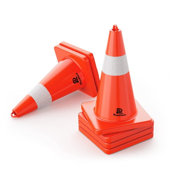 RoadHero Traffic Cones 18 Inch, 6 Pack Safety Cones with Handle, Orange Cones with Reflective Collar, Cones for Parking Lot, Sport and Driving Traini