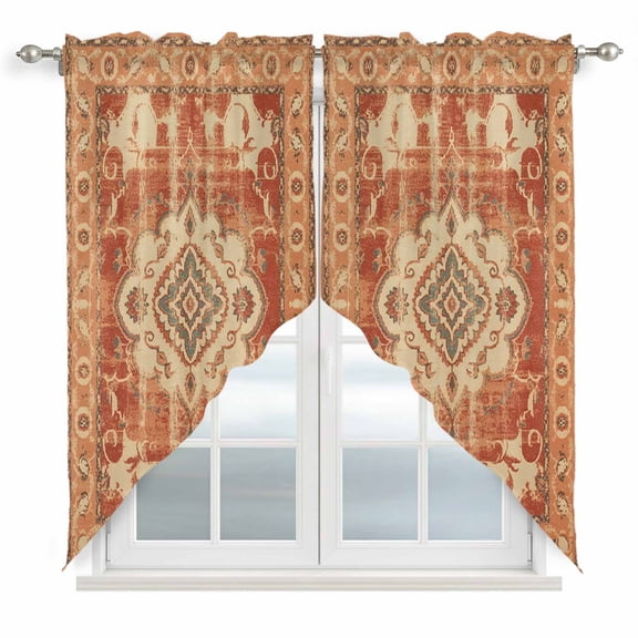 Orange Boho Kitchen Window Curtains, Swag Curtains Valance for Bedroom Living Room Bathroom, Geometric Antique Tribal Retro Ethnic Rod Pocket Window Treatment Curtain Block Drapes 2 Panels 36"x36"