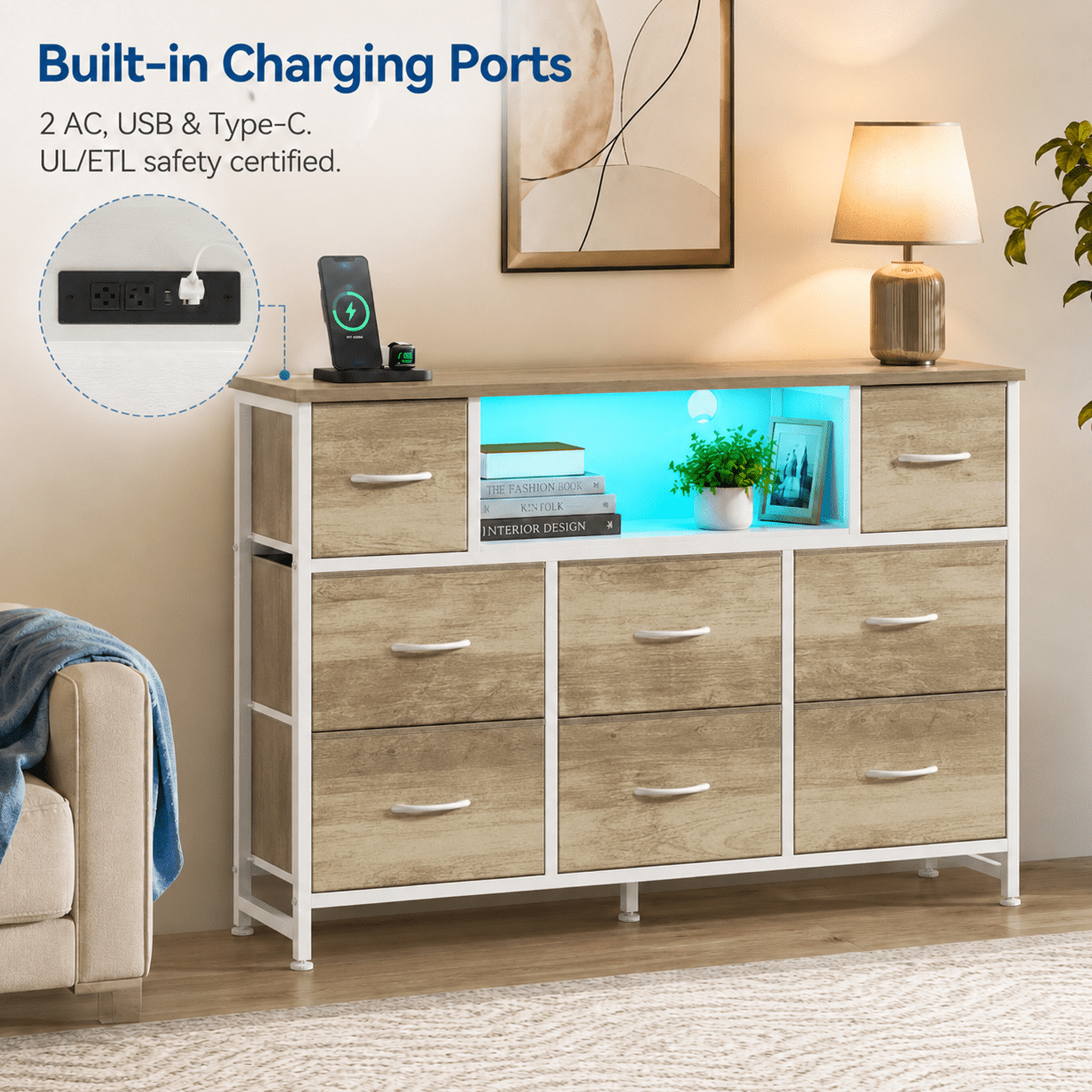 Alvantor Dresser TV Stand for 45, 50, 55 inch TV, Entertainment Center with LED Lights & Charging Station, Chest of Drawers with 8 Fabric Drawers and Open Shelves for Living Room, Hallway, Wood Top
